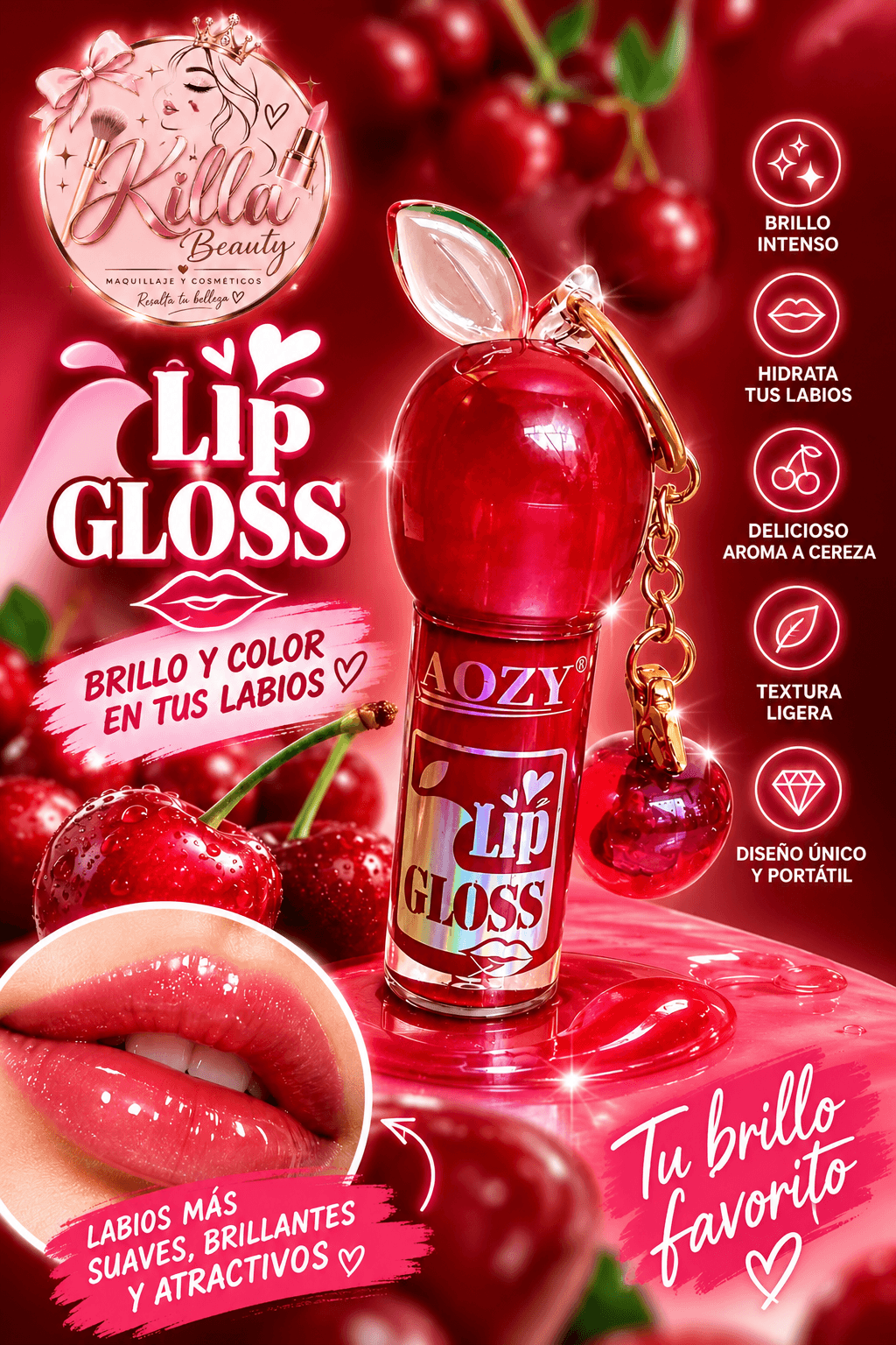 AOZY Lip Gloss aroma a cereza con llavero